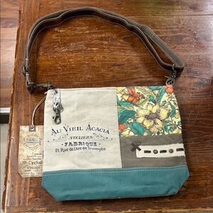 Teal and Tan Floral Color Block Canvas Bag - Sixtease